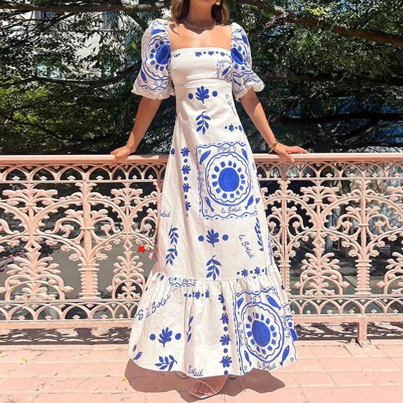 2025 AliExpress European and American women's clothing style elegant and fashionable printed lantern short sleeved A-line large swing European and American dress