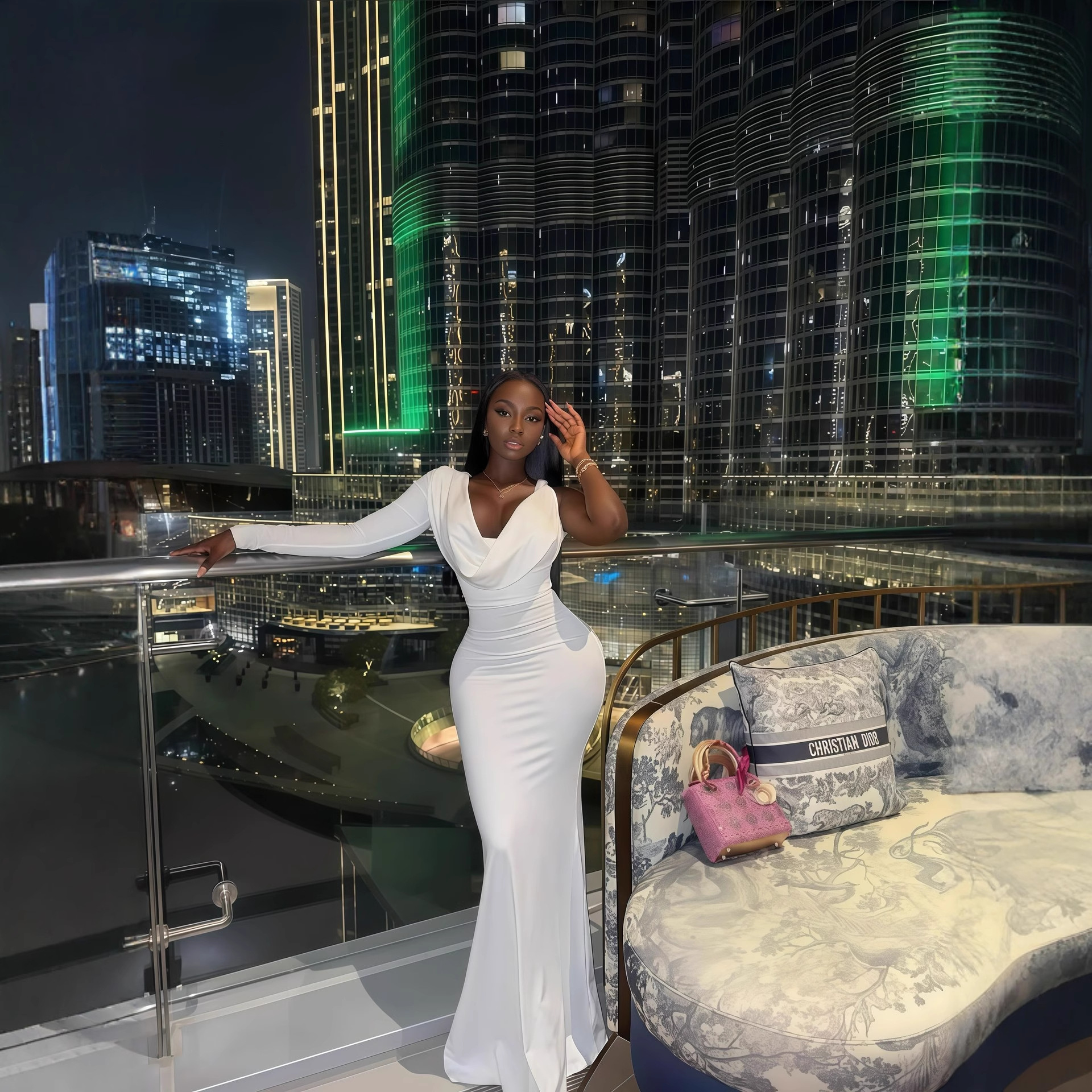 European and American Cross border Women's Wear 2025 Autumn New Style Solid Color One Sleeve Deep V Swing Collar Slimming Style Long Dress