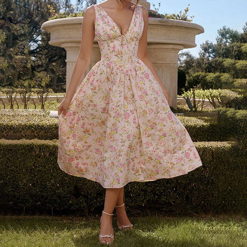 2025 independent station new European and American women's clothing style elegant and fashionable backless printed suspender sexy European and American dress