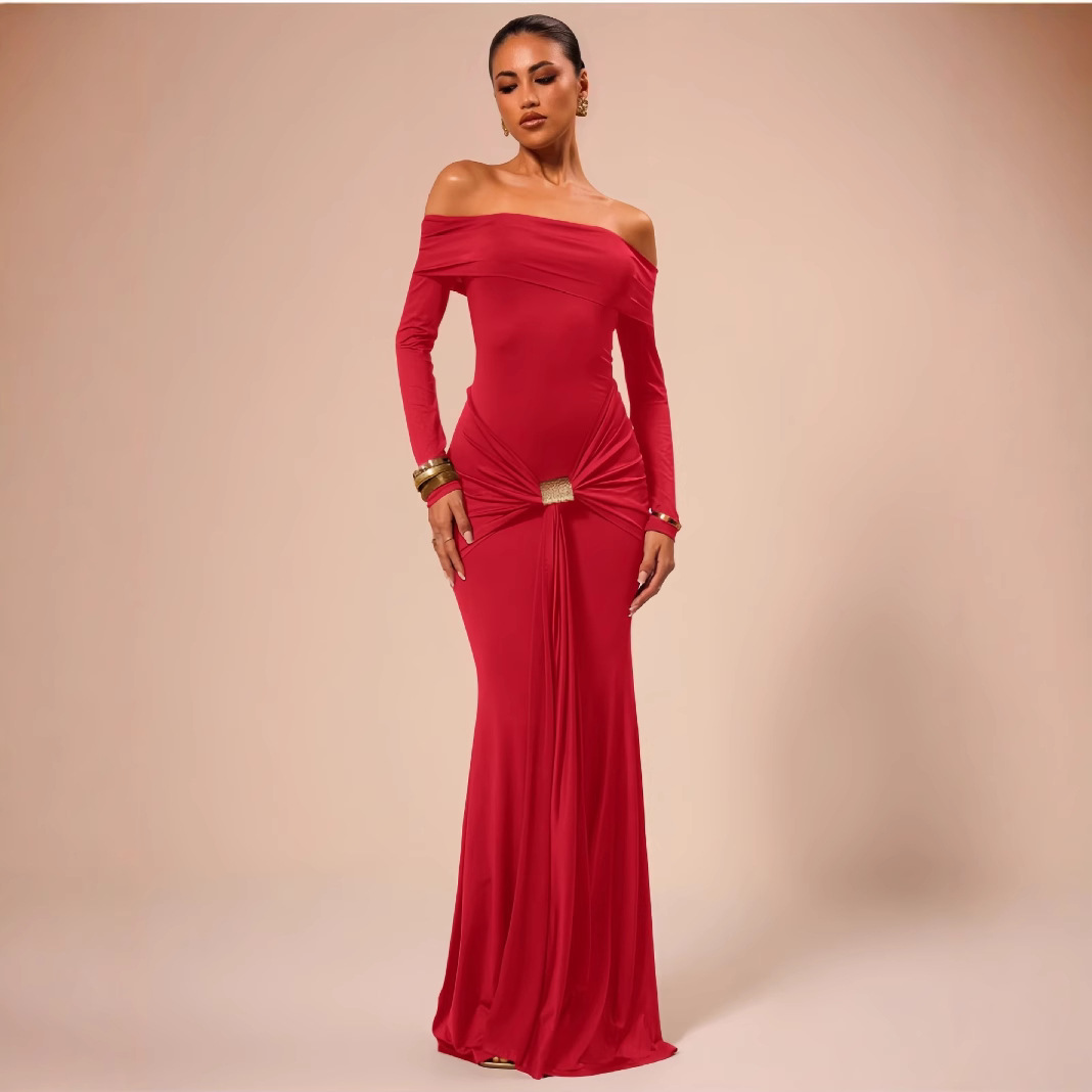European and American cross-border women's clothing 2025 spring new item solid color long sleeved strapless shoulder slimming temperament long dress