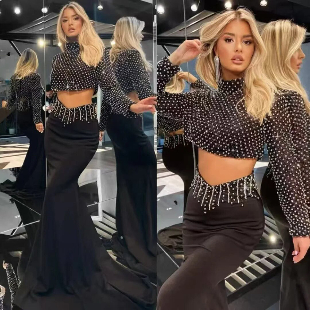 European and American sexy women's clothing set with sequins, nail beads, long sleeves, mesh, semi high neck, exposed navel top, bandage, long skirt, two-piece set