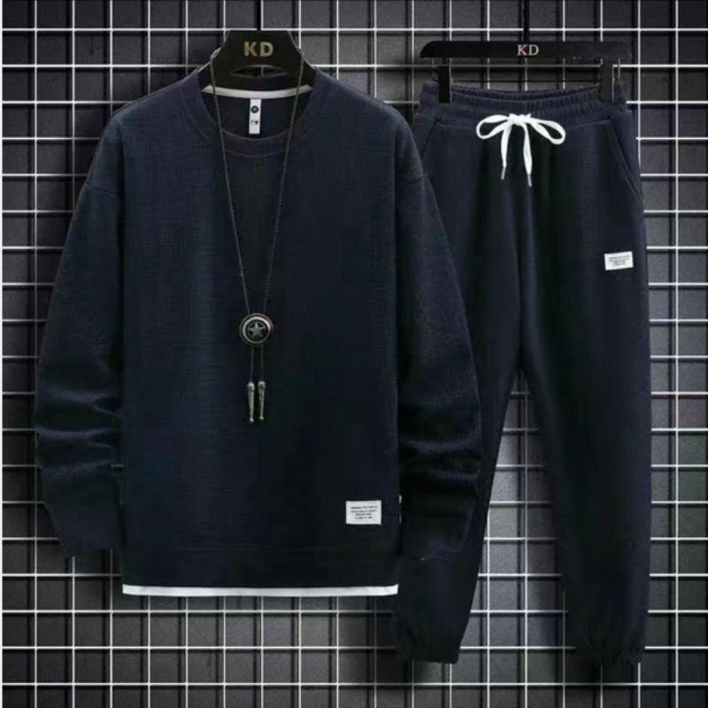 Waffle round neck hoodie set for autumn and winter, new solid color casual Hong Kong style loose long sleeved top Waffle round neck hoodie set for autumn and winter, new solid color casual Hong Kong style loose long sleeved top