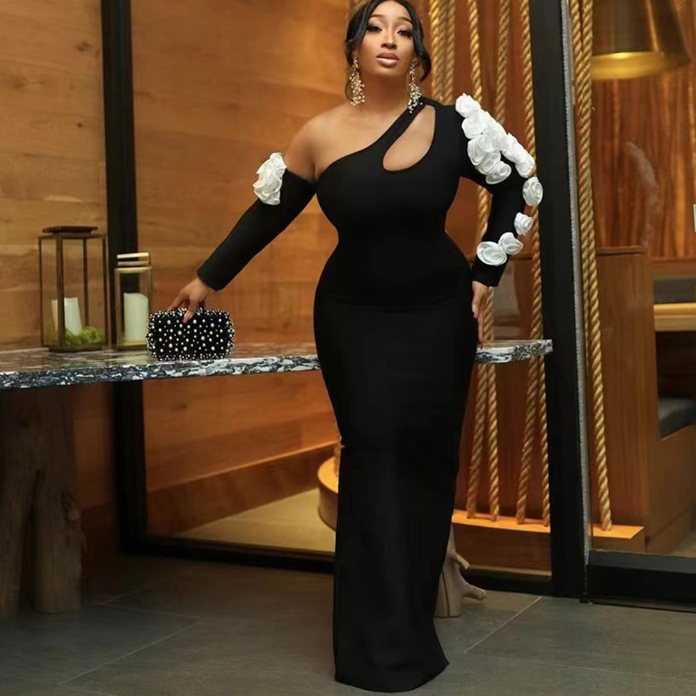 European and American bandage dress, three-dimensional white flower sexy slanted shoulder hollow tight fashion evening dress, cross-border foreign trade in Africa