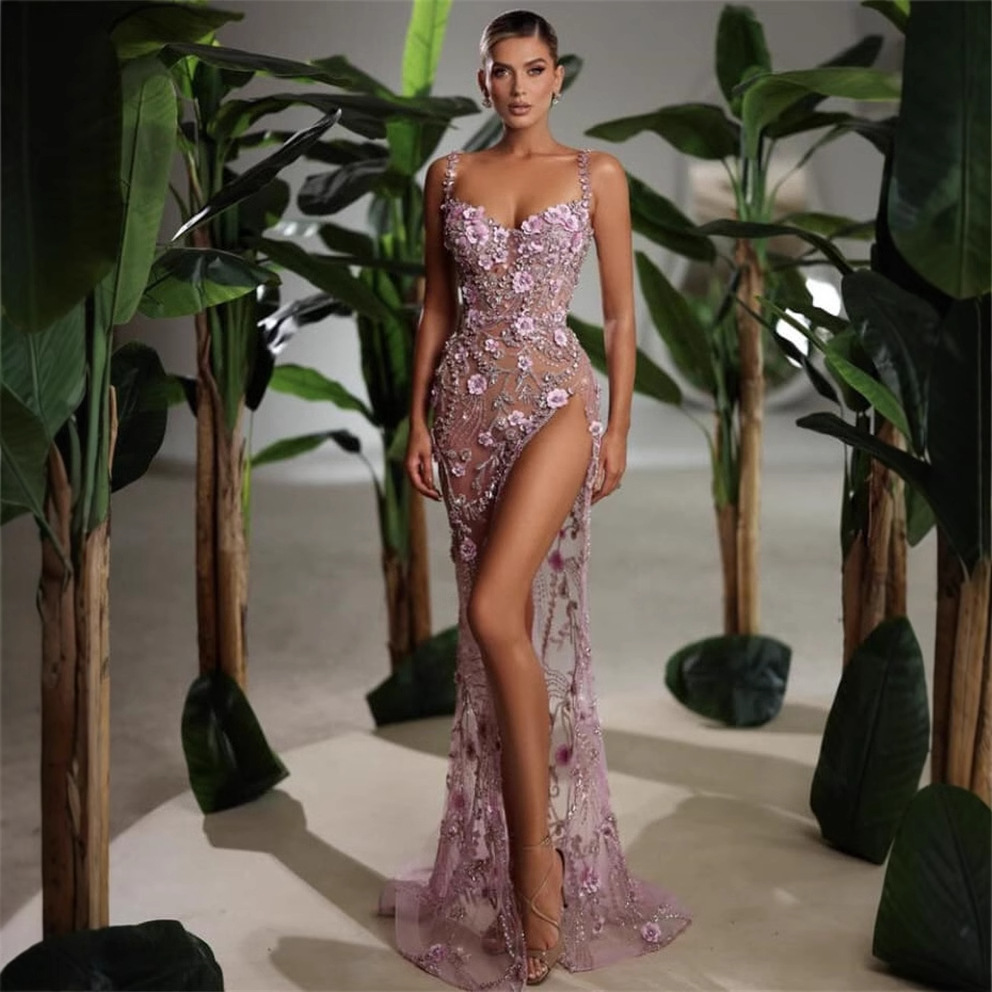 Nail bead sequin embroidered floral sexy high slit strapless dress, socialite high-end party dinner dress