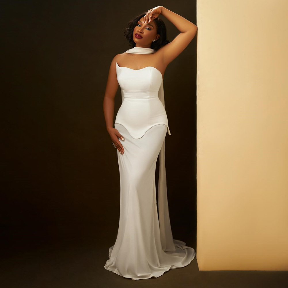 2025 niche design sense, pointed corners, irregular mesh splicing, sexy strapless bandage skirt, party dress, long skirt