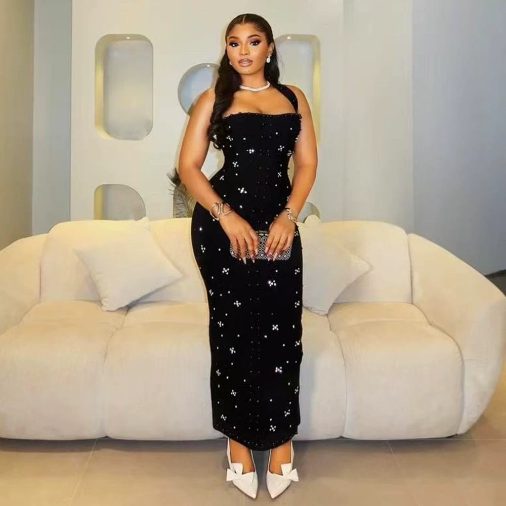 New sexy bandage dress with neck hanging, hot stamping, diamond studded beads, high-end feeling, socialite dinner dress, European and American women's cross-border dress