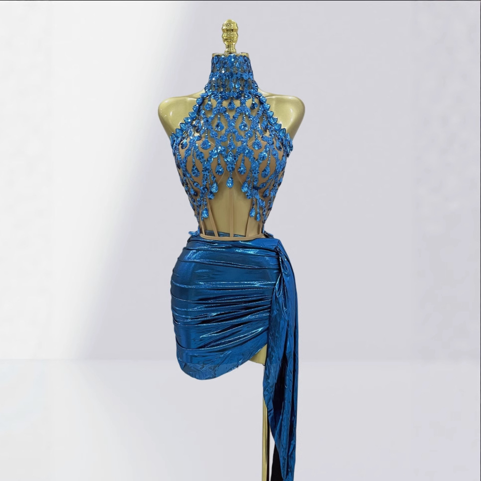 Peacock Blue Water Diamond Sexy Perspective Hanging Neck Top, Hip Wrapping Skirt Set, Fashionable Hot Party Performance Dress Peacock Blue Water Diamond Sexy Perspective Hanging Neck Top, Hip Wrapping Skirt Set, Fashionable Hot Party Performance Dress