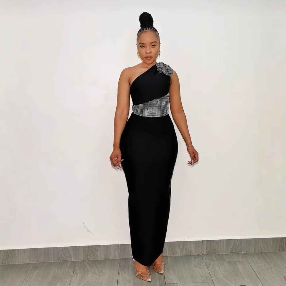 European and American fashion style bandage dress with rhinestone flower slimming dress, independent stand, sexy sleeveless slimming women's clothing