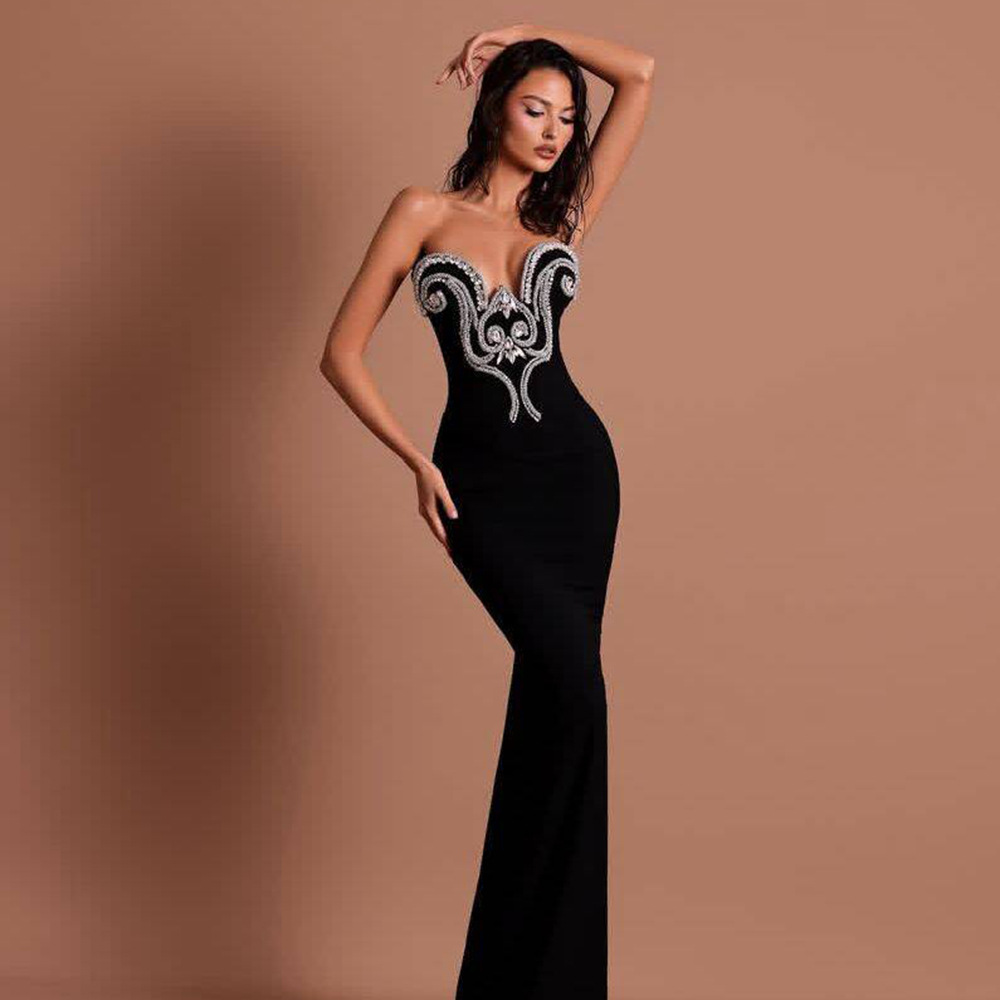 Cross border niche design in Europe and America, studded with diamonds, strapless bandage dress, party evening dress, slim fit long dress