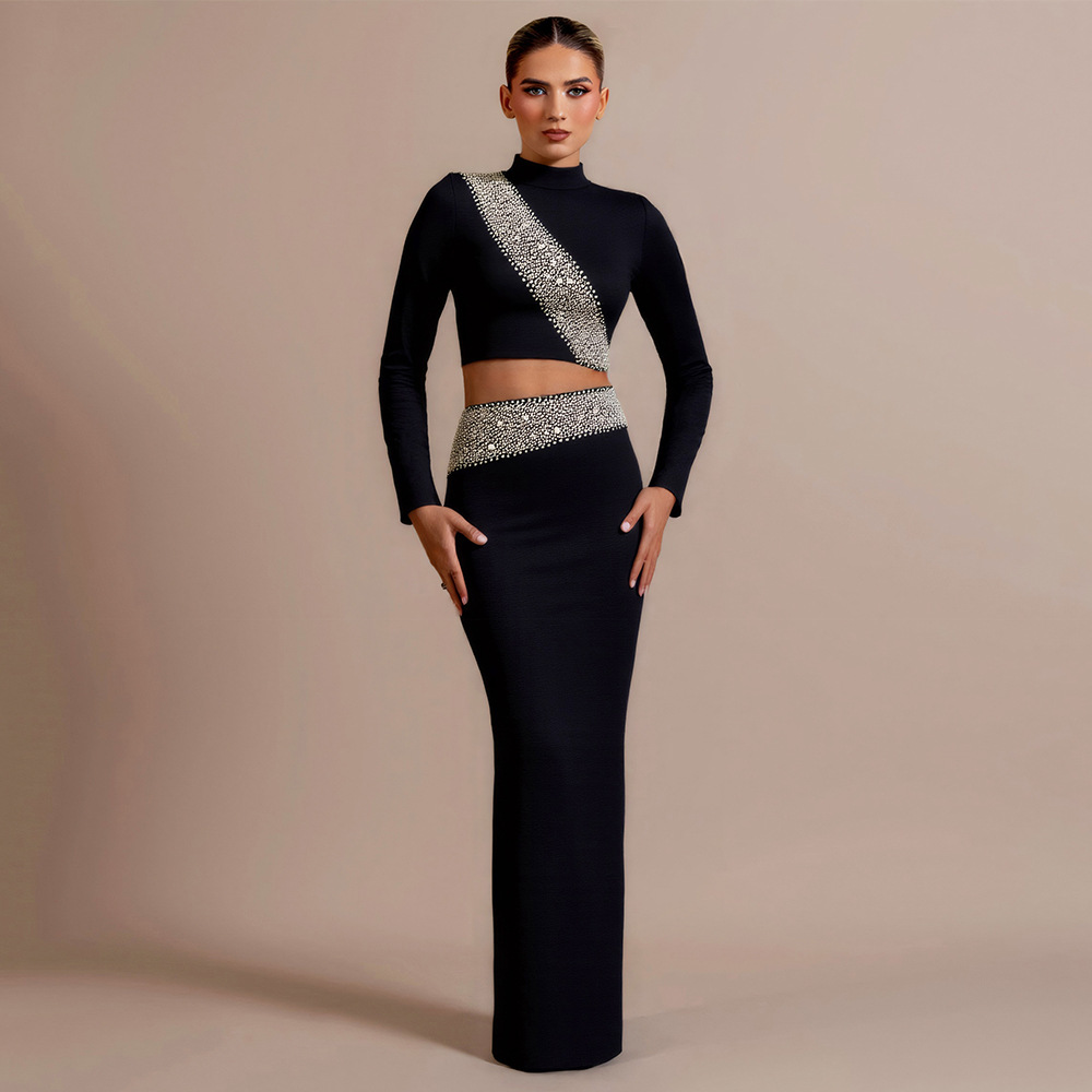 European and American cross-border fashion nail bead inlaid diamond bandage set sexy exposed navel long sleeved top long skirt two-piece set women's clothing