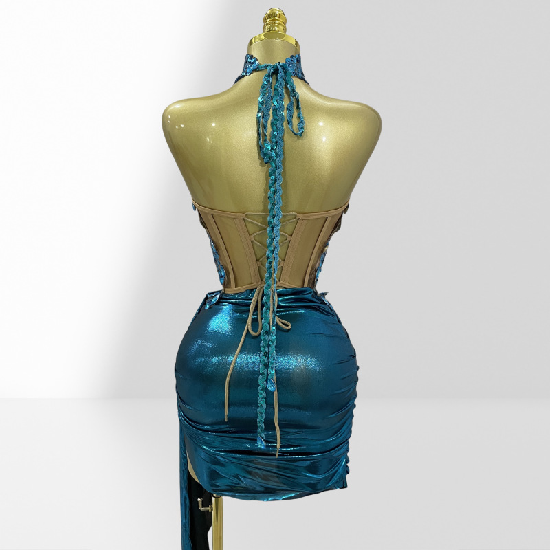 Peacock Blue Water Diamond Sexy Perspective Hanging Neck Top, Hip Wrapping Skirt Set, Fashionable Hot Party Performance Dress Peacock Blue Water Diamond Sexy Perspective Hanging Neck Top, Hip Wrapping Skirt Set, Fashionable Hot Party Performance Dress