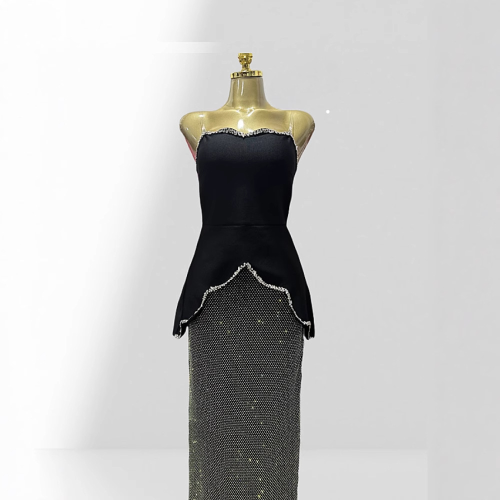 Diamond edging, mesh diamond skirt, black strapless half skirt set, fashionable party and dinner dress Diamond edging, mesh diamond skirt, black strapless half skirt set, fashionable party and dinner dress