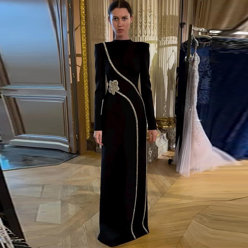 European and American new long sleeved slim fit slit bandage dress temperament nail bead inlaid diamond long skirt dress cross-border