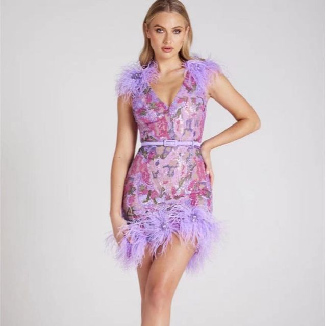 European and American luxury feather sparkling diamond sexy V-neck sleeveless purple short dress, light luxury party dress
