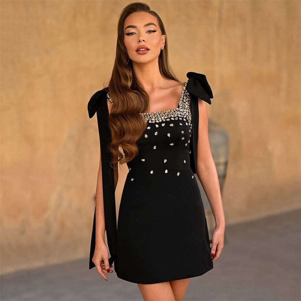 Heavy industry diamond studded niche design formal dress, small black dress, temperament bandage dress, new slim fit party women's dress