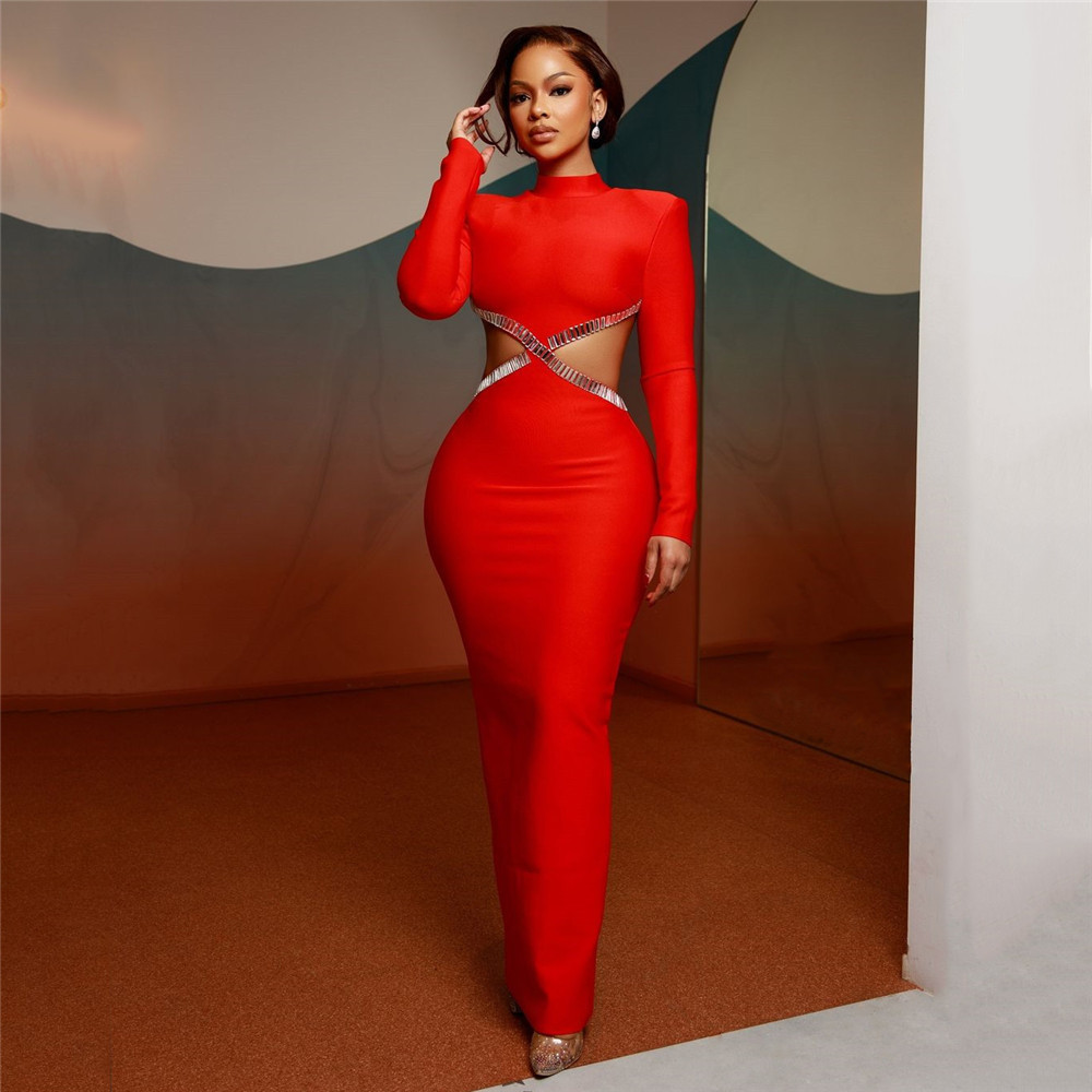 2025 New Fashionable Slimming Bandage Dress with Customized Diamond Design Sense Evening Dress European and American Women's Long Dress