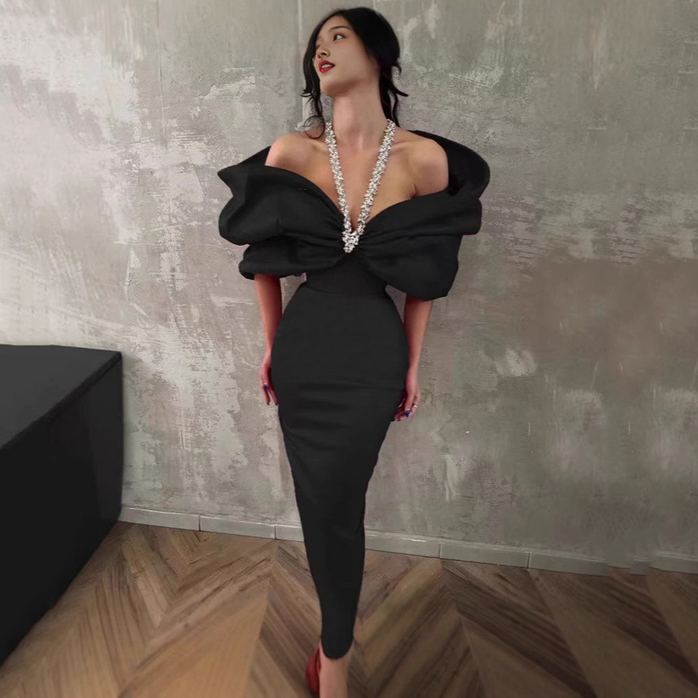 European and American Summer New Fashion Bow Splicing Bandage Skirt with Diamond Hanging Neck, Off Shoulder Evening Dress, French Dress