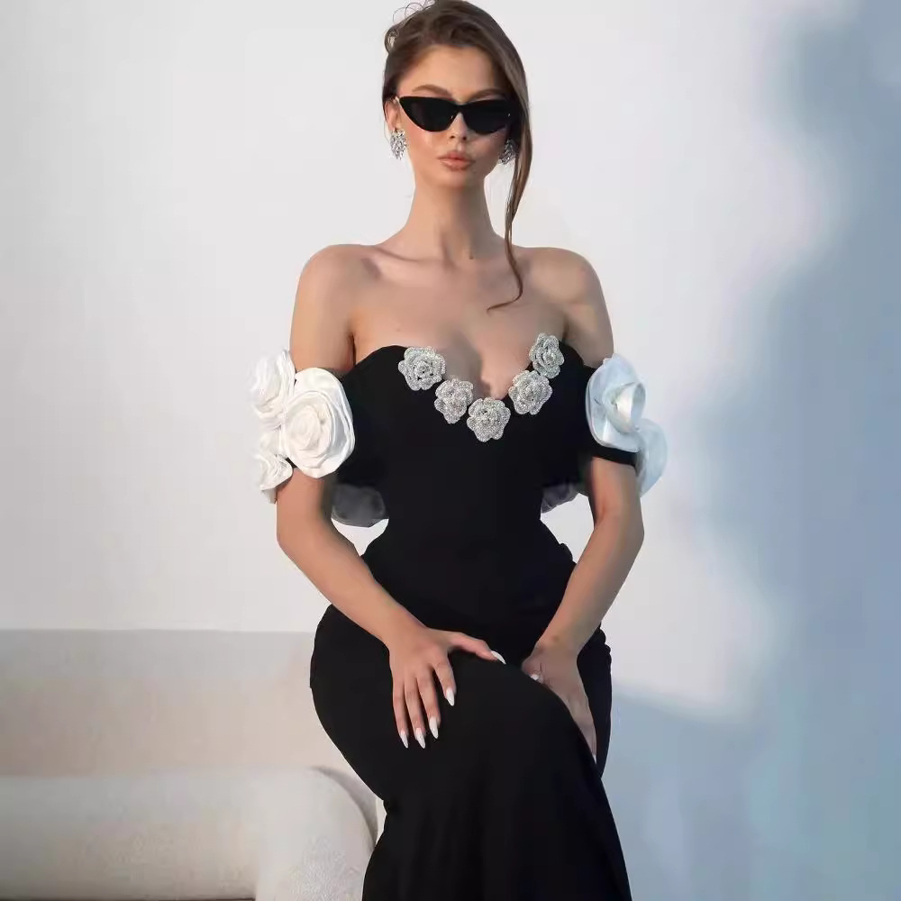New Evening Dress European and American Elegant Fashion Off Shoulder V-neck Bandaged Dress Sexy Party Tail Dress Cross Overseas