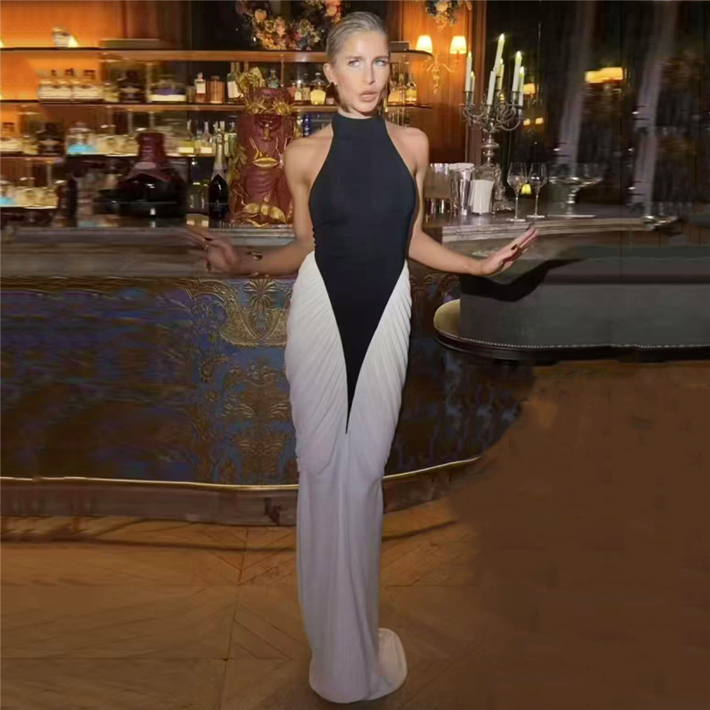 European and American Summer New Sexy Mesh Splicing Neck Bandage Dress Black and White Contrast Party Dress Dress