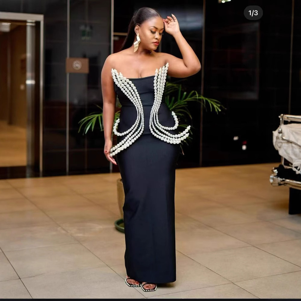 New European and American pearl strapless bandage dress elegant dress party banquet sexy luxurious elegant evening dress