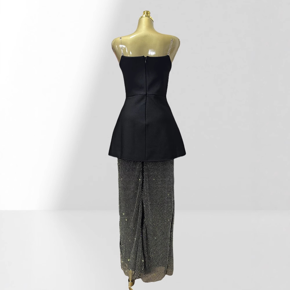 Diamond edging, mesh diamond skirt, black strapless half skirt set, fashionable party and dinner dress Diamond edging, mesh diamond skirt, black strapless half skirt set, fashionable party and dinner dress