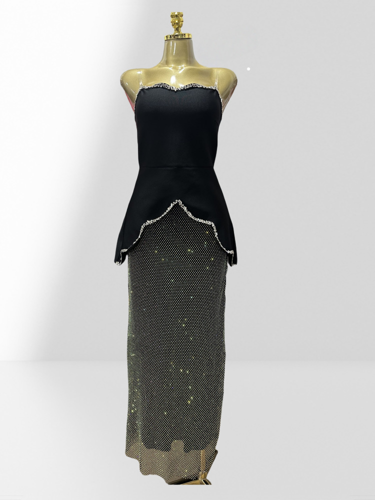 Diamond edging, mesh diamond skirt, black strapless half skirt set, fashionable party and dinner dress Diamond edging, mesh diamond skirt, black strapless half skirt set, fashionable party and dinner dress