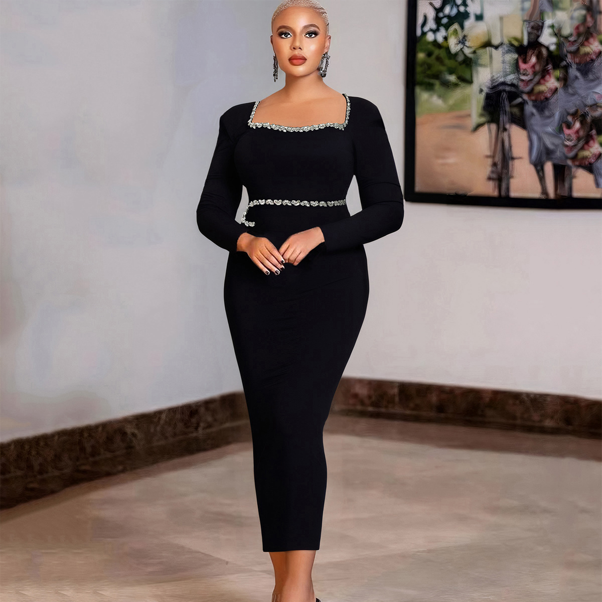 New bandage dress elegant square neck long sleeved diamond studded long style hip hugging party banquet evening dress fashionable foreign trade
