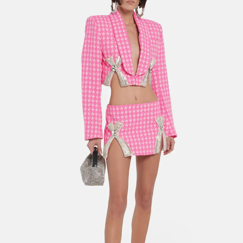 Cross border European and American sexy two-piece waist cinching slimming personalized street jacquard bandage long sleeved shirt short skirt women's suit