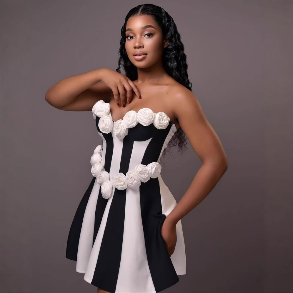 2025 new European and American bandage dress, light luxury socialite, sexy strapless A-line skirt, jacquard evening dress, cross-border