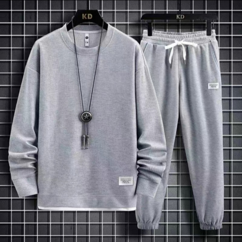 Waffle round neck hoodie set for autumn and winter, new solid color casual Hong Kong style loose long sleeved top Waffle round neck hoodie set for autumn and winter, new solid color casual Hong Kong style loose long sleeved top