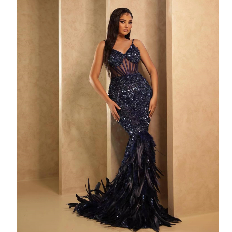 Dark blue sequins sexy see through sequins feather skirt suspender long dress haute couture dinner gown