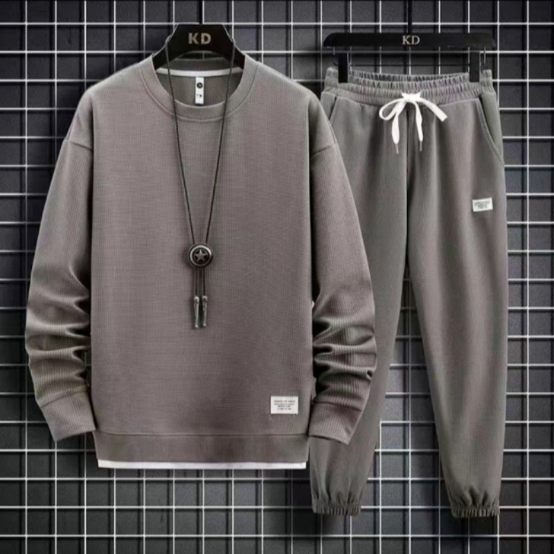 Waffle round neck hoodie set for autumn and winter, new solid color casual Hong Kong style loose long sleeved top Waffle round neck hoodie set for autumn and winter, new solid color casual Hong Kong style loose long sleeved top