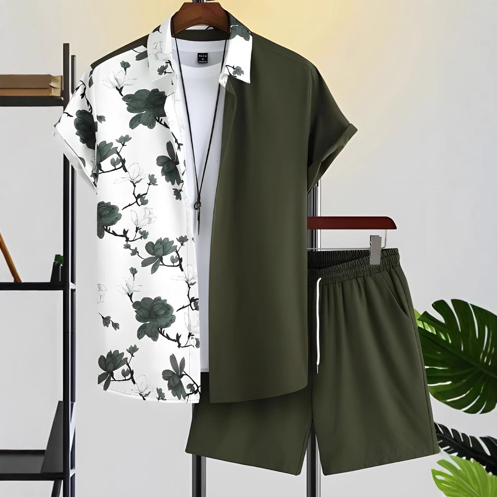 2025 Summer Amazon TEMU Short sleeved Trendy 3D Printed Hawaii Cross border Shirt Short sleeved Shorts Men's Set