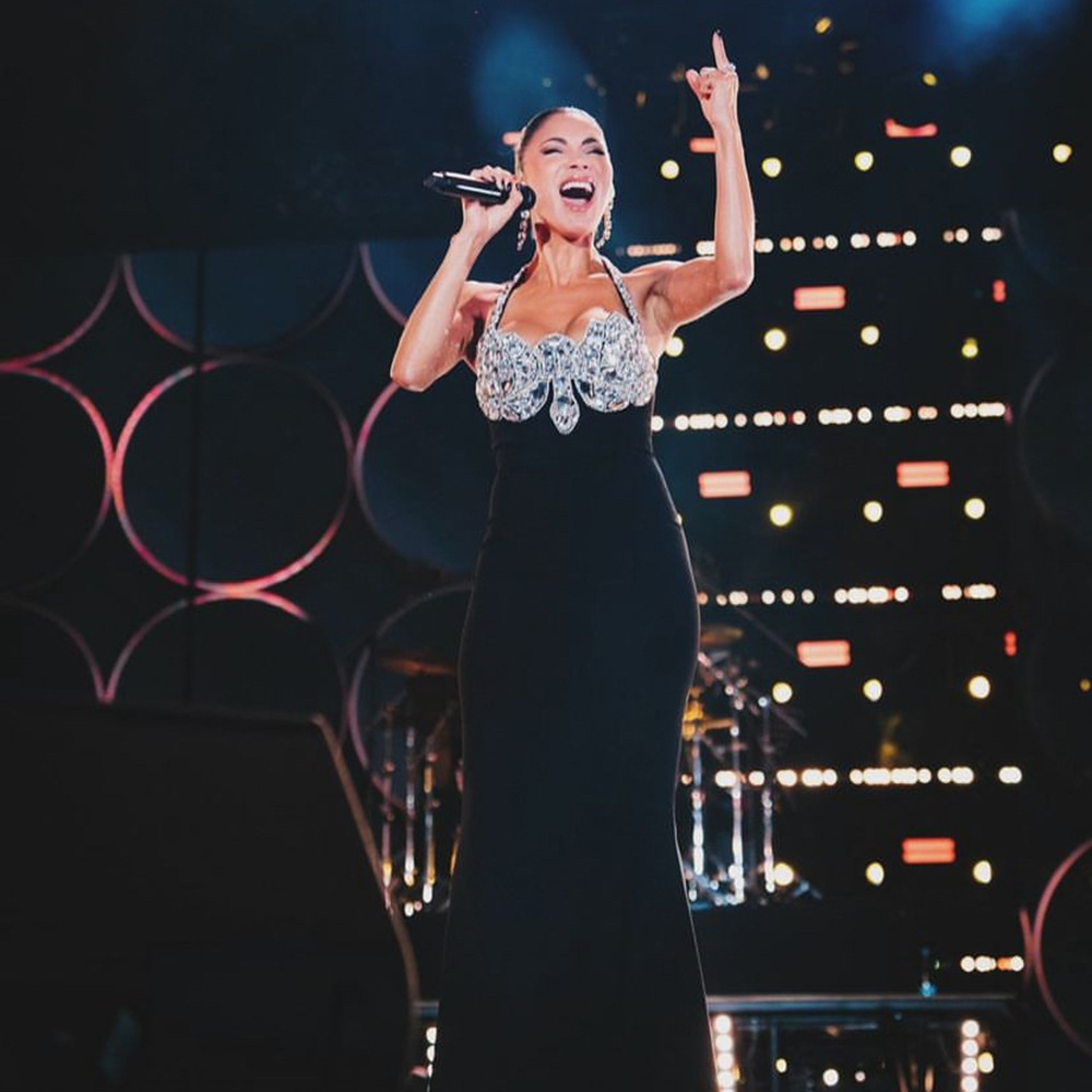 New European and American dresses with neck hanging and rhinestones, elegant bandage dress, socialite party dress, cross-border foreign trade