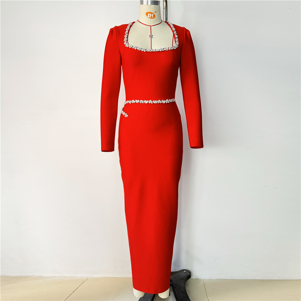 New bandage dress elegant square neck long sleeved diamond studded long style hip hugging party banquet evening dress fashionable foreign trade New bandage dress elegant square neck long sleeved diamond studded long style hip hugging party banquet evening dress fashionable foreign trade