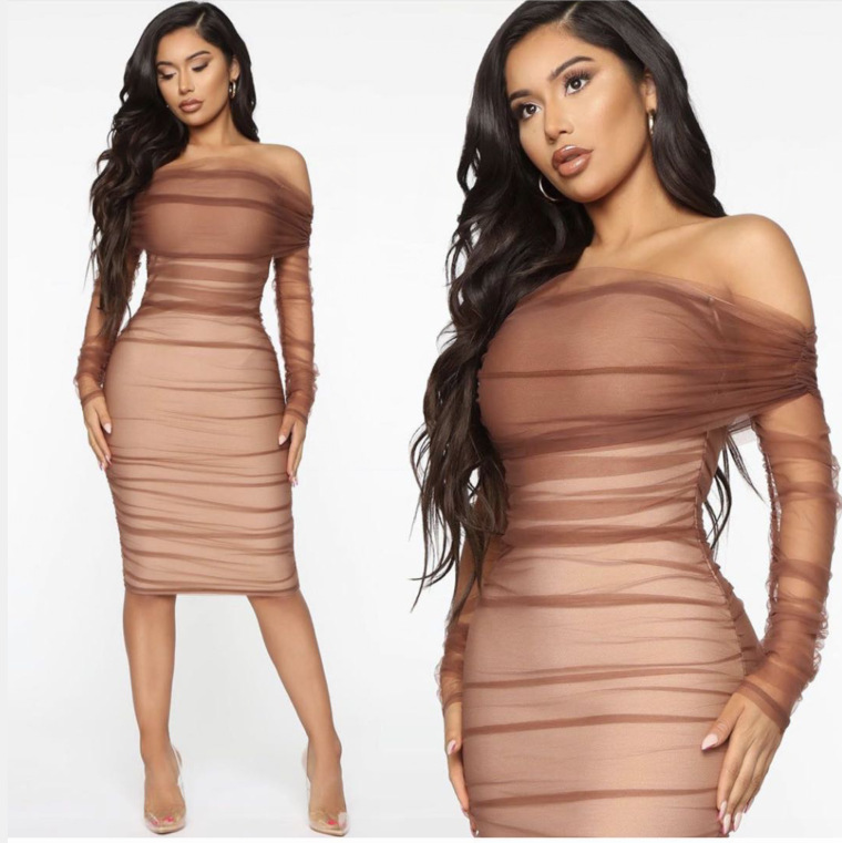 Amazon AliExpress Black Brown One Neck Sexy Long Sleeve Bandage Tight Dress Birthday Party Dress