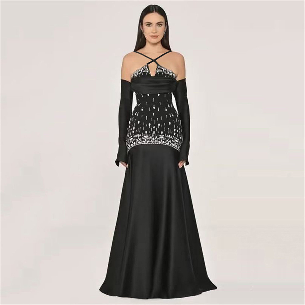 2025 Cross border European and American Luxury Bead studded Diamond Sexy Cross Strap Bandage Dress Dinner Party Dress