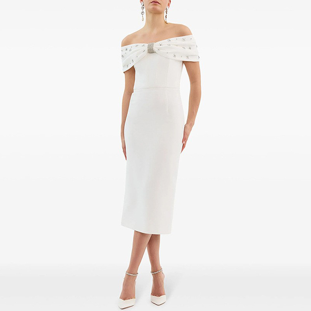 European and American new one shoulder nail bead slim bandage dress, socialite temperament dress, mid length dress