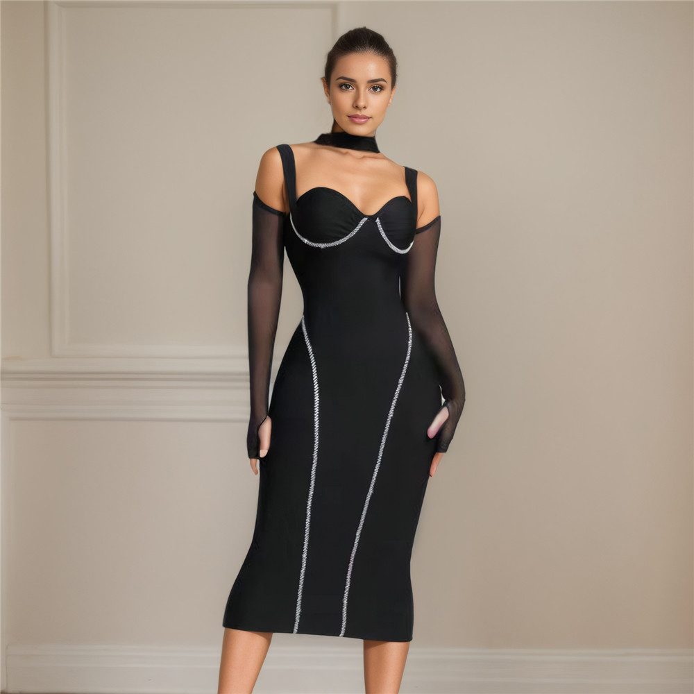 New bandage dress with European and American slit, elegant and sexy evening gown temperament, slim fit and fashionable women's clothing