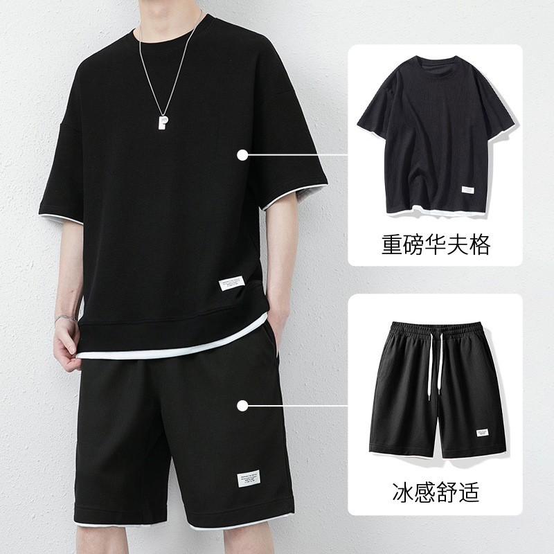 Customized short sleeved suit, Waffle cross-border loose oversized trendy five quarter sleeve casual sports two-piece set