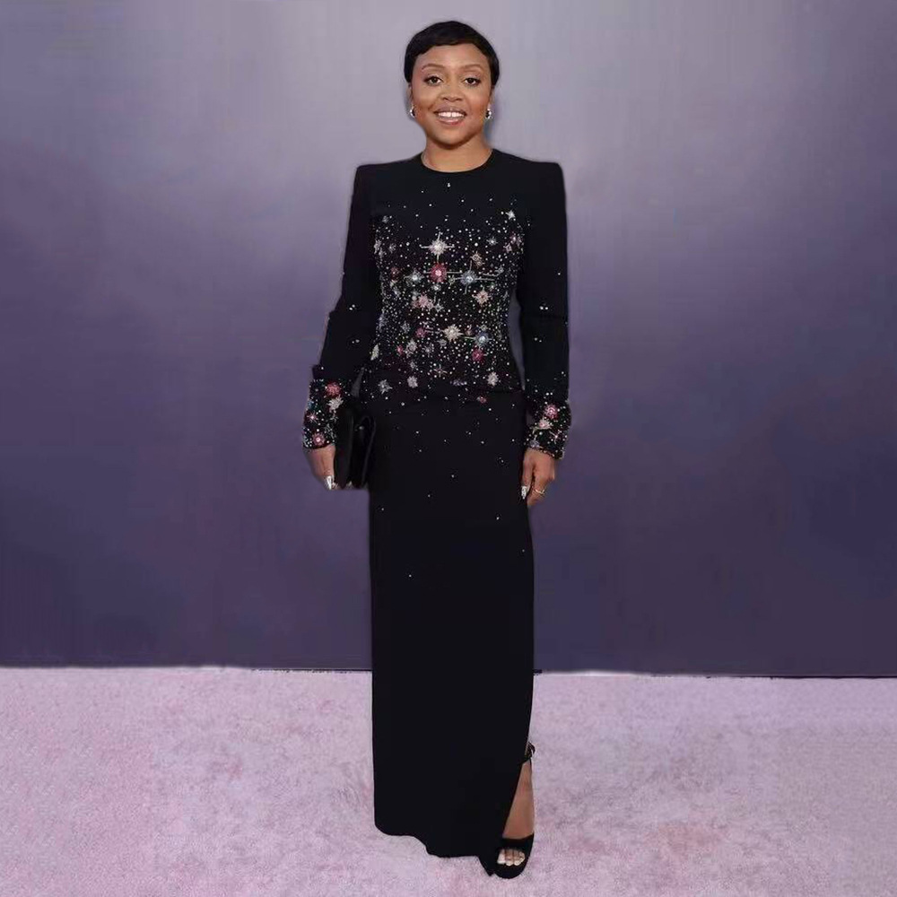 Cross border European and American heavy industry diamond inlaid elegant temperament long sleeved bandage dress dinner party dress long skirt