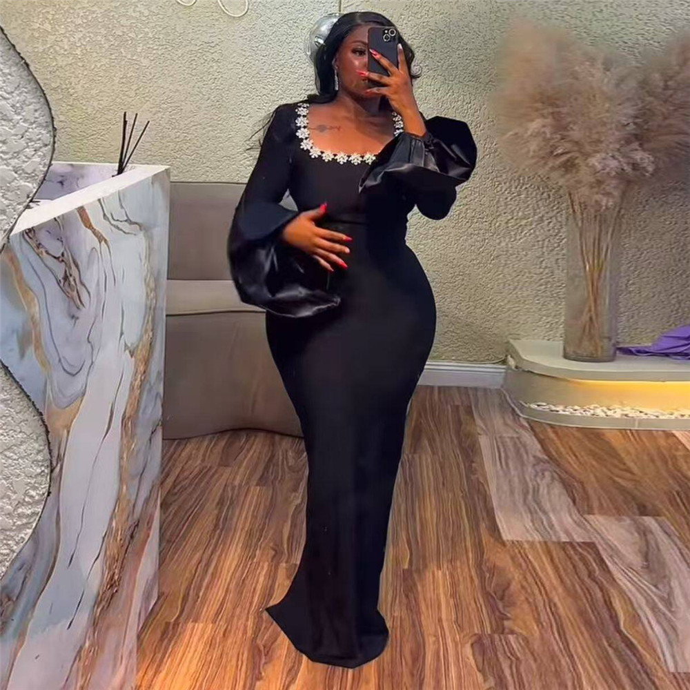 European and American hip bandage dress, slim fit sexy trumpet long sleeved diamond cut women's square neck fashionable temperament evening dress