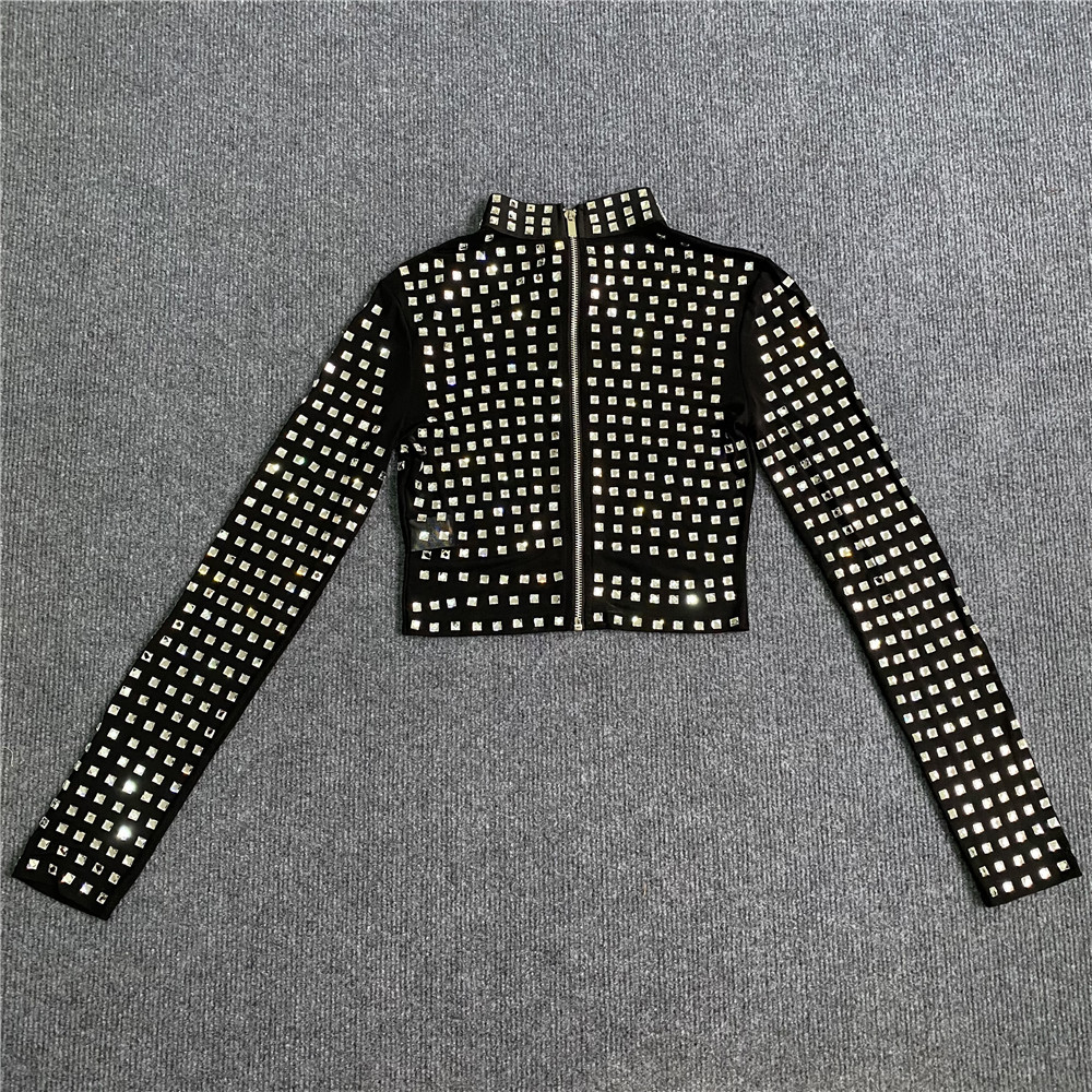 Short Top Black Long Sleeve Personalized Street Zipper Patch New Women's Wear Hot Diamond AliExpress Foreign Trade Amazon Short Top Black Long Sleeve Personalized Street Zipper Patch New Women's Wear Hot Diamond AliExpress Foreign Trade Amazon