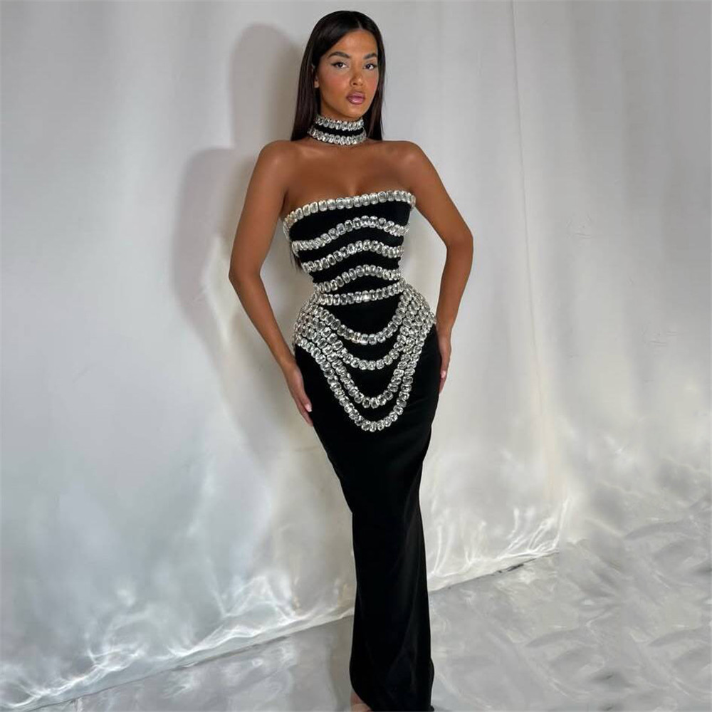 European and American cross-border new niche design heavy industry nail bead strapless bandage dress party dinner dress dress