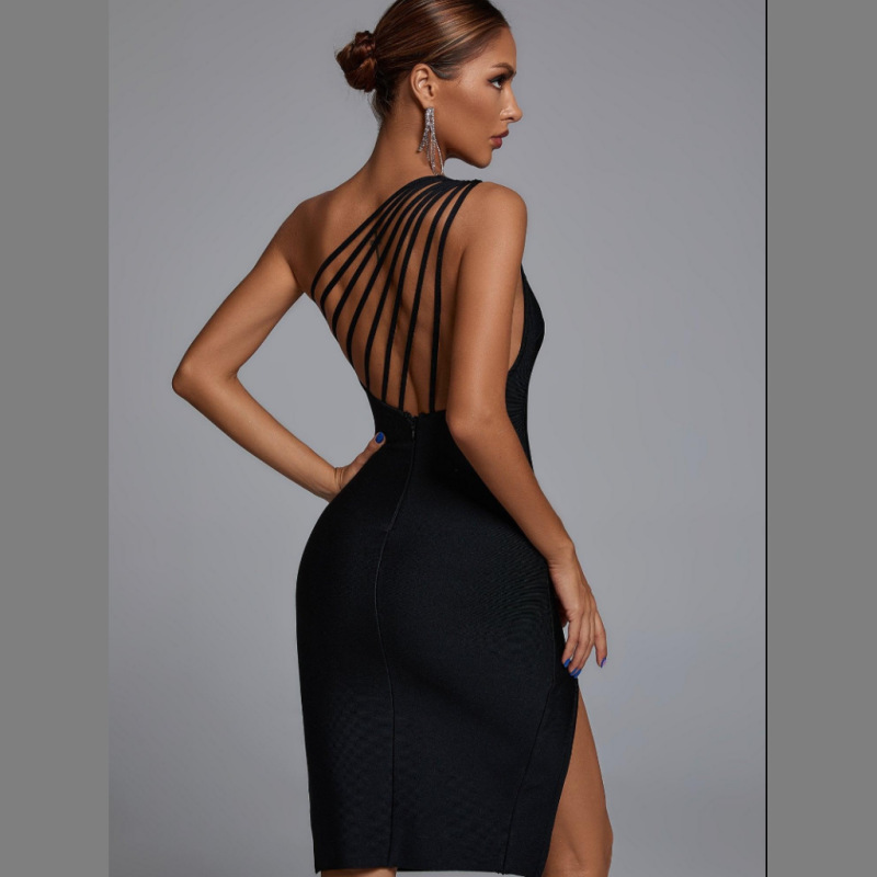 Sexy back, sloping shoulder, small slit, black bandage dress, elegant temperament, banquet party dress
