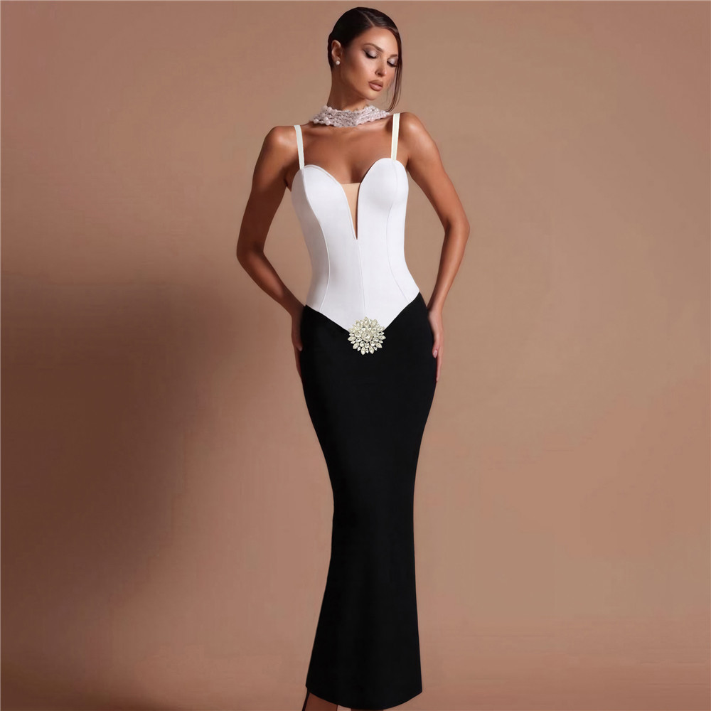 European and American cross-border bandage dress summer new sexy suspender black and white contrasting color socialite dinner dress women's clothing