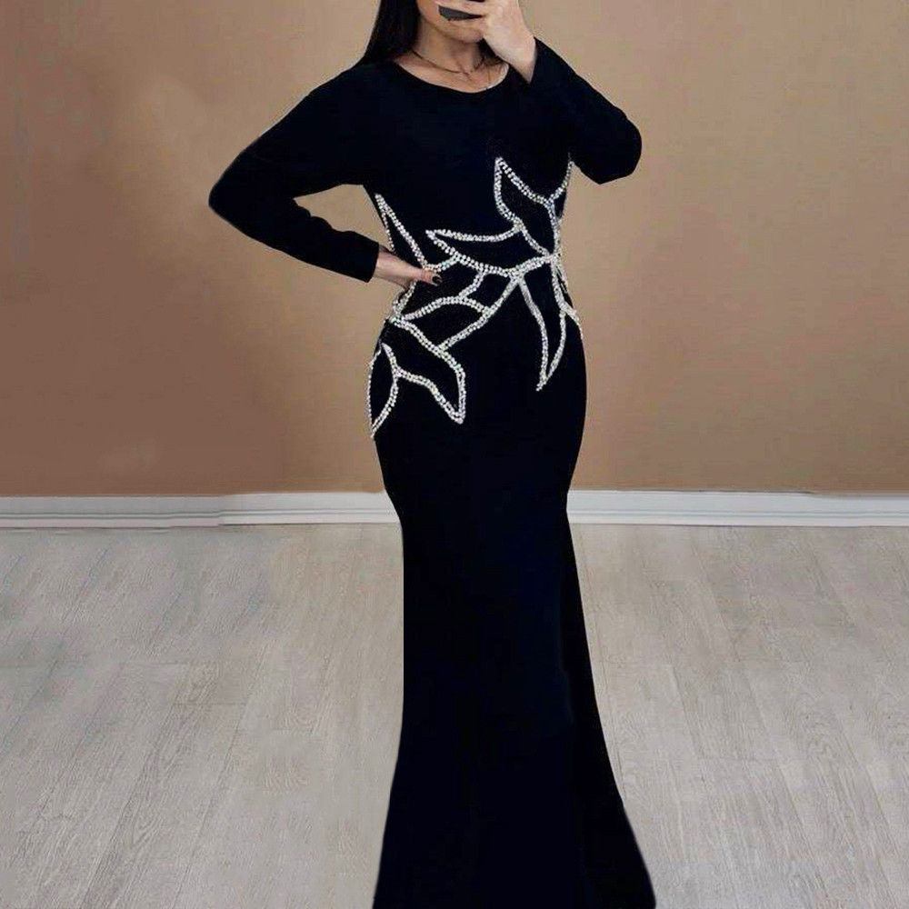 Cross border European and American new elegant socialite fashion nail diamond bandage medium long evening dress women's long sleeved dress