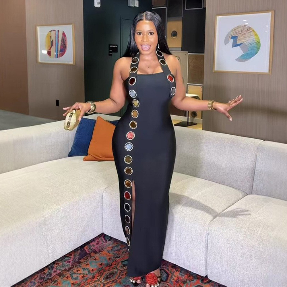 Cross border European and American sexy neck hanging, diamond inlaid bandage dress, party dinner, slim and elegant dress, long skirt