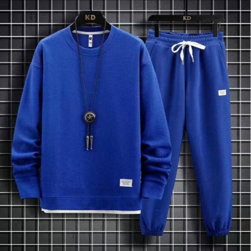 Waffle round neck hoodie set for autumn and winter, new solid color casual Hong Kong style loose long sleeved top