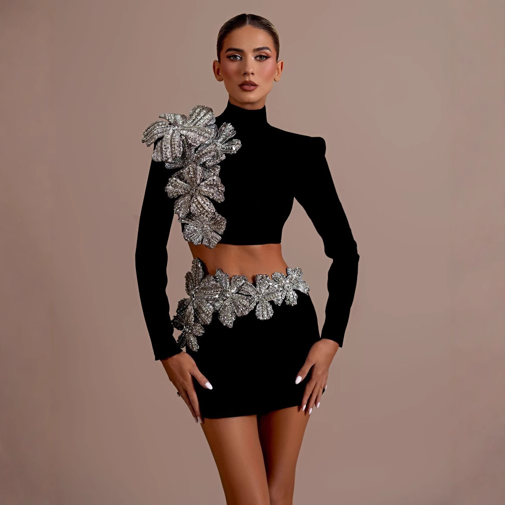 New European and American two-piece long sleeved top with hip bandage mini skirt, heavy-duty flower decoration, European and American foreign trade women's clothing